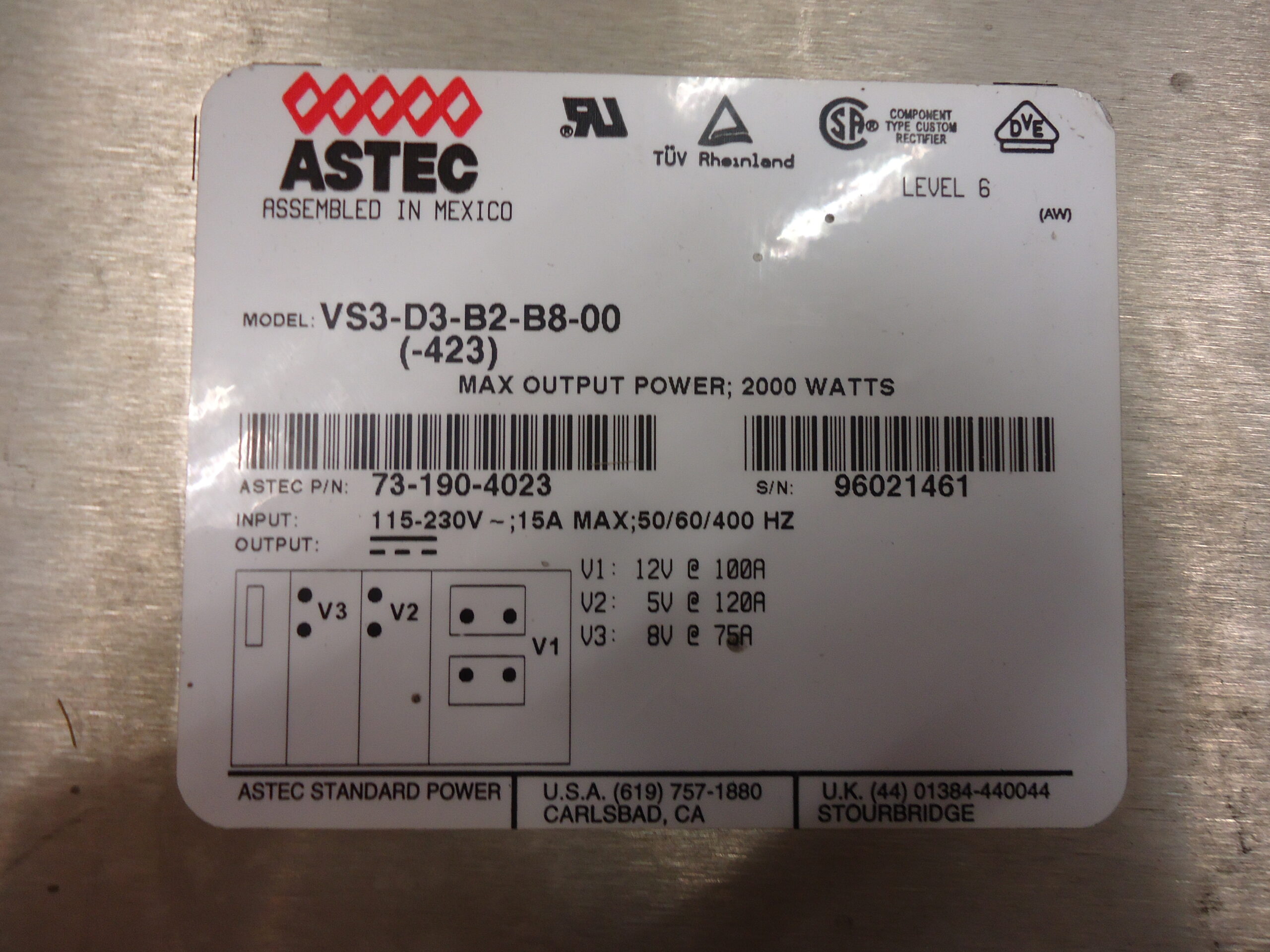 73-180-0208CE 100 AMP VS1-L4-00 15 VDC DC Power Supply Astec 